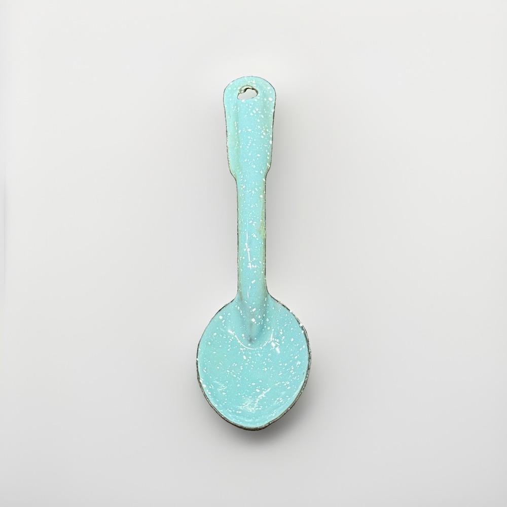 Vintage Speckled 7 in. Light Blue Enamelware Spoon - White Dots